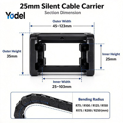 25mm Silent Nylon Cable Carrier Dimensions