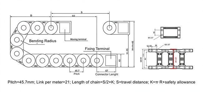 Detailed Technical Diagram and Dimensions of 30mm Inner Height Cable Drag Chain