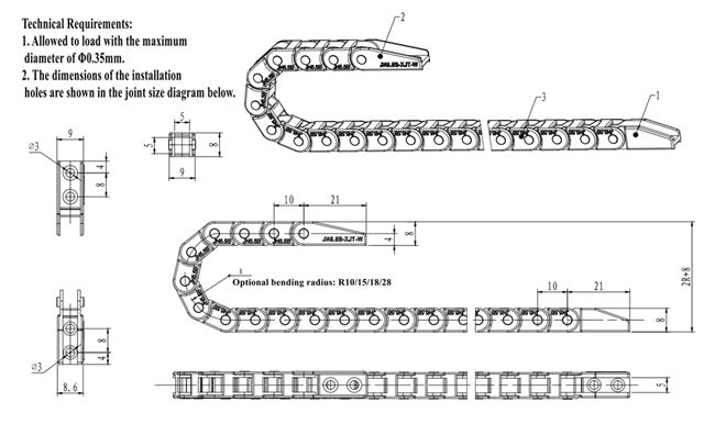 5x5mm Micro Cable Drag Chain Technical Drawing